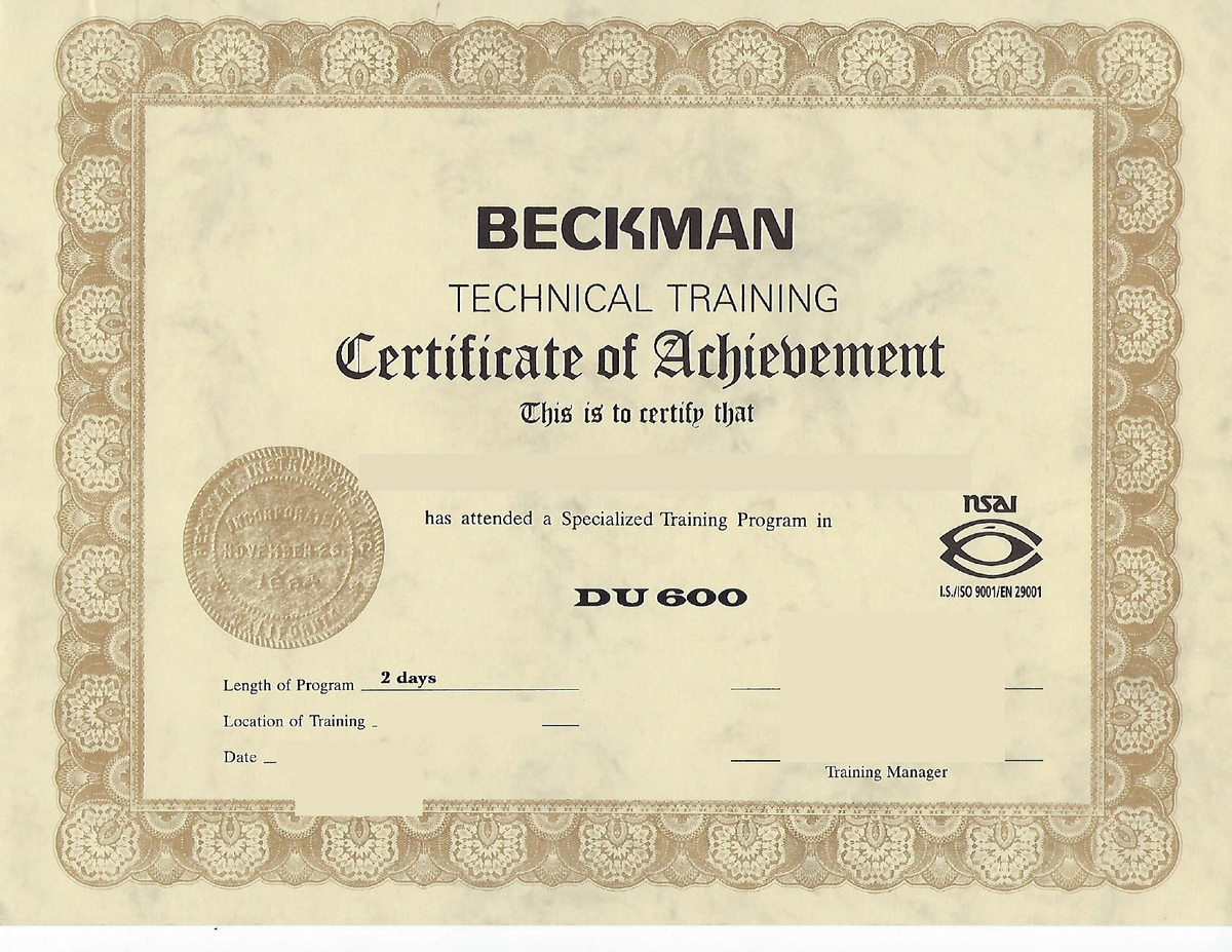 Beckman Coulter Technical Training Certificate of Achievement - DU 600 (personal details withheld)