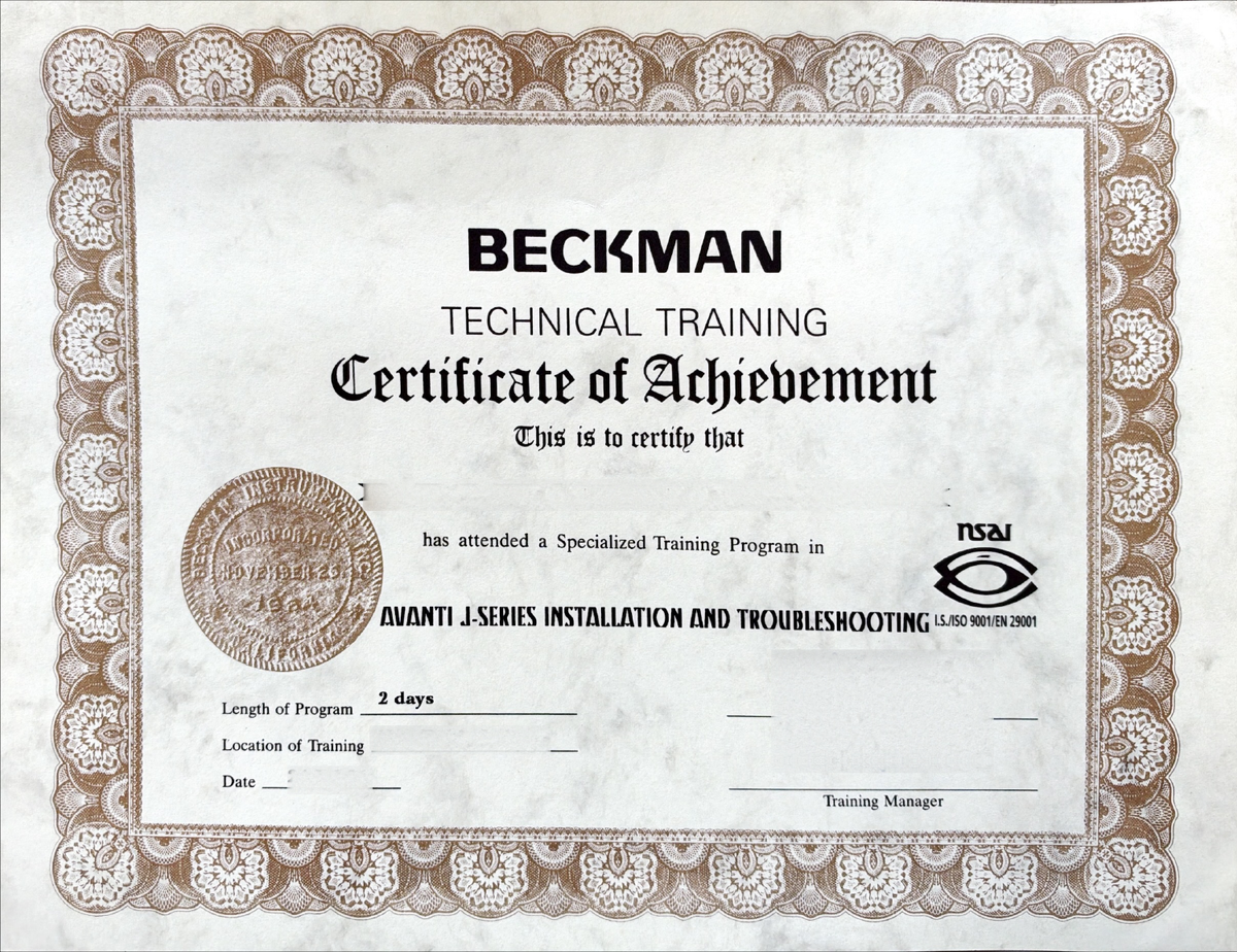 Beckman Coulter Technical Training Certificate of Achievement - Avanti J-Series Installation and Troubleshooting (personal details withheld)