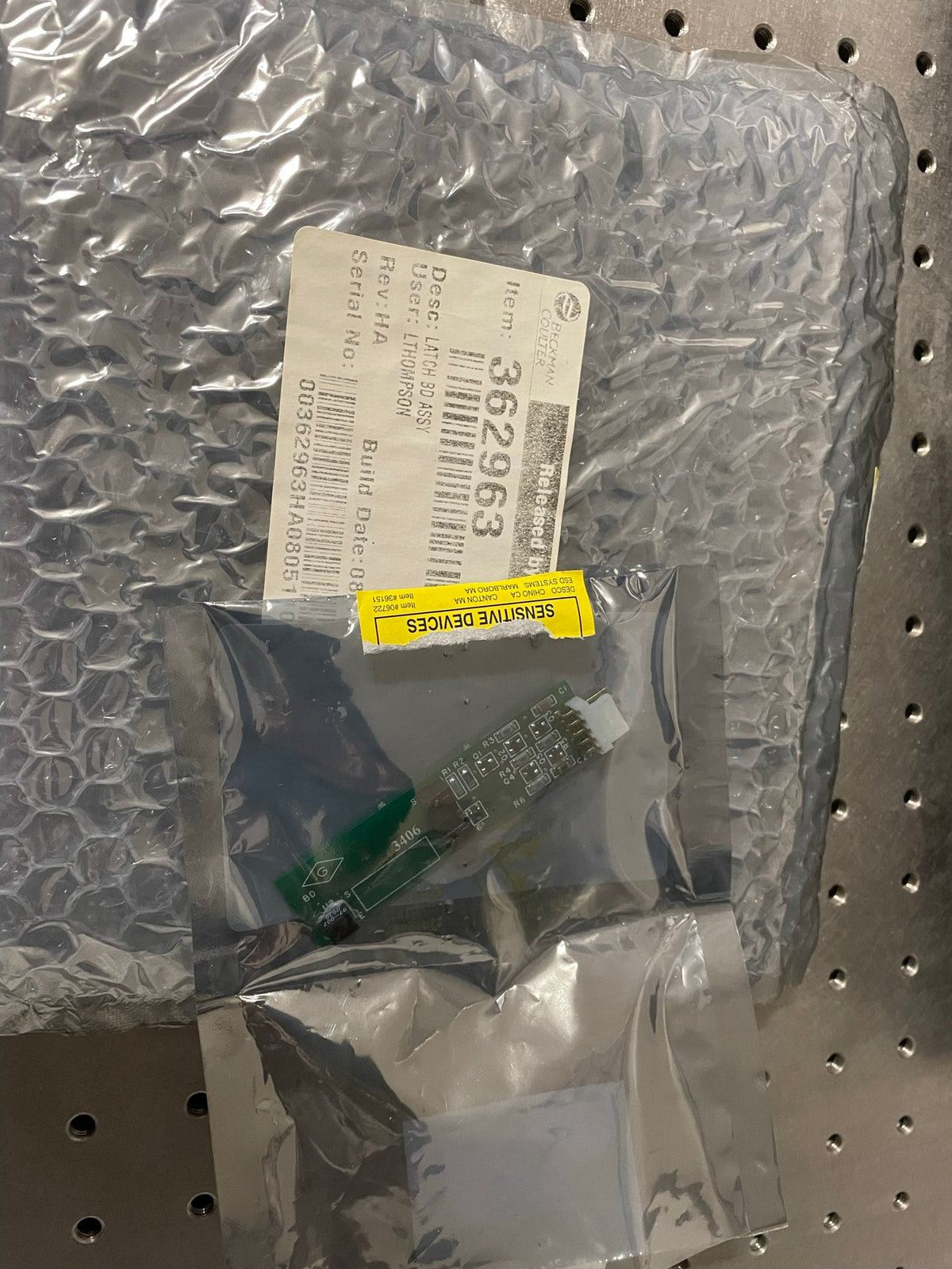 Beckman Avanti J Board Assy., Door Latch; PN. 362963  (NEW)