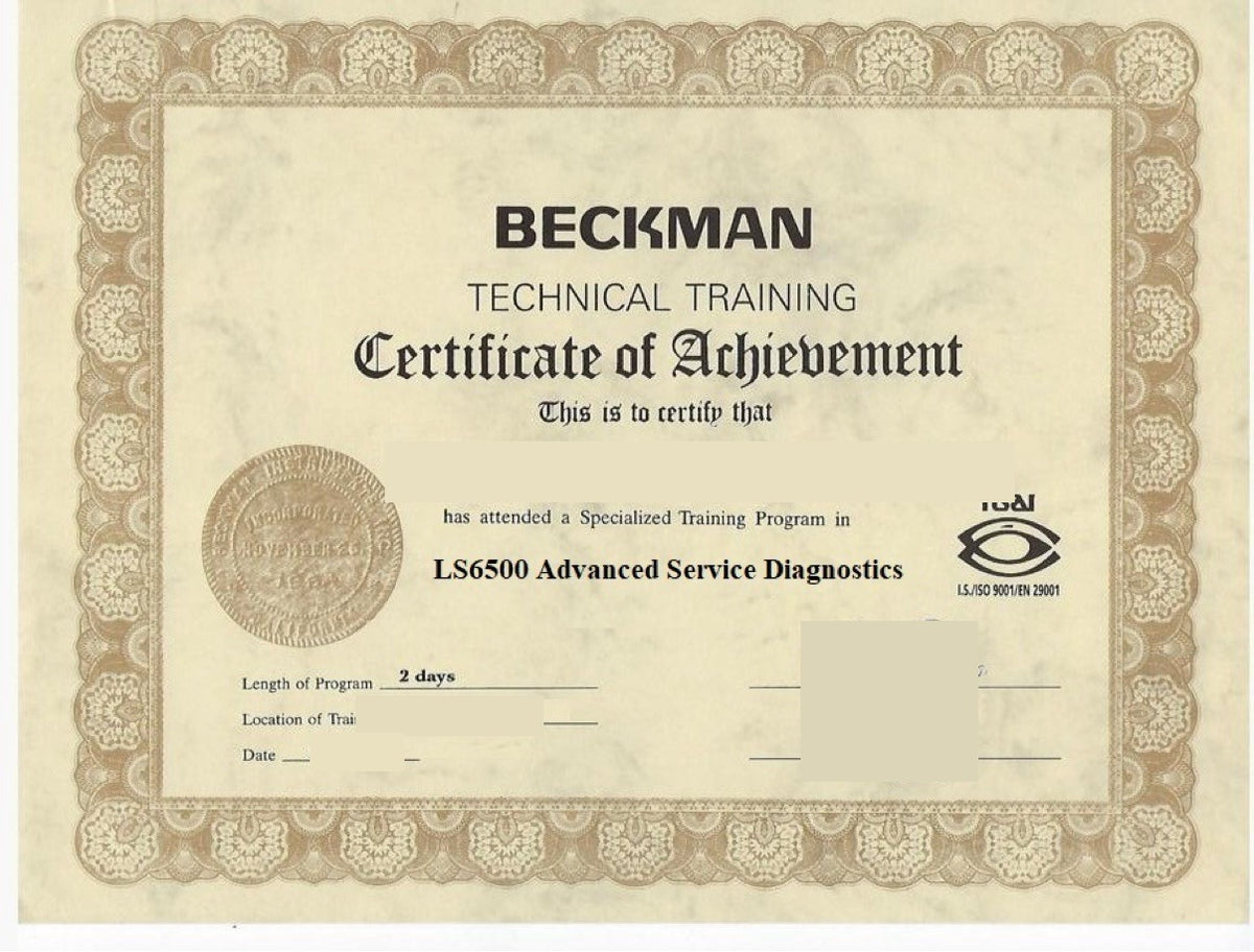 Beckman Coulter Technical Training Certificate of Achievement - LS6500 Advanced Service Diagnostics (personal details withheld)
