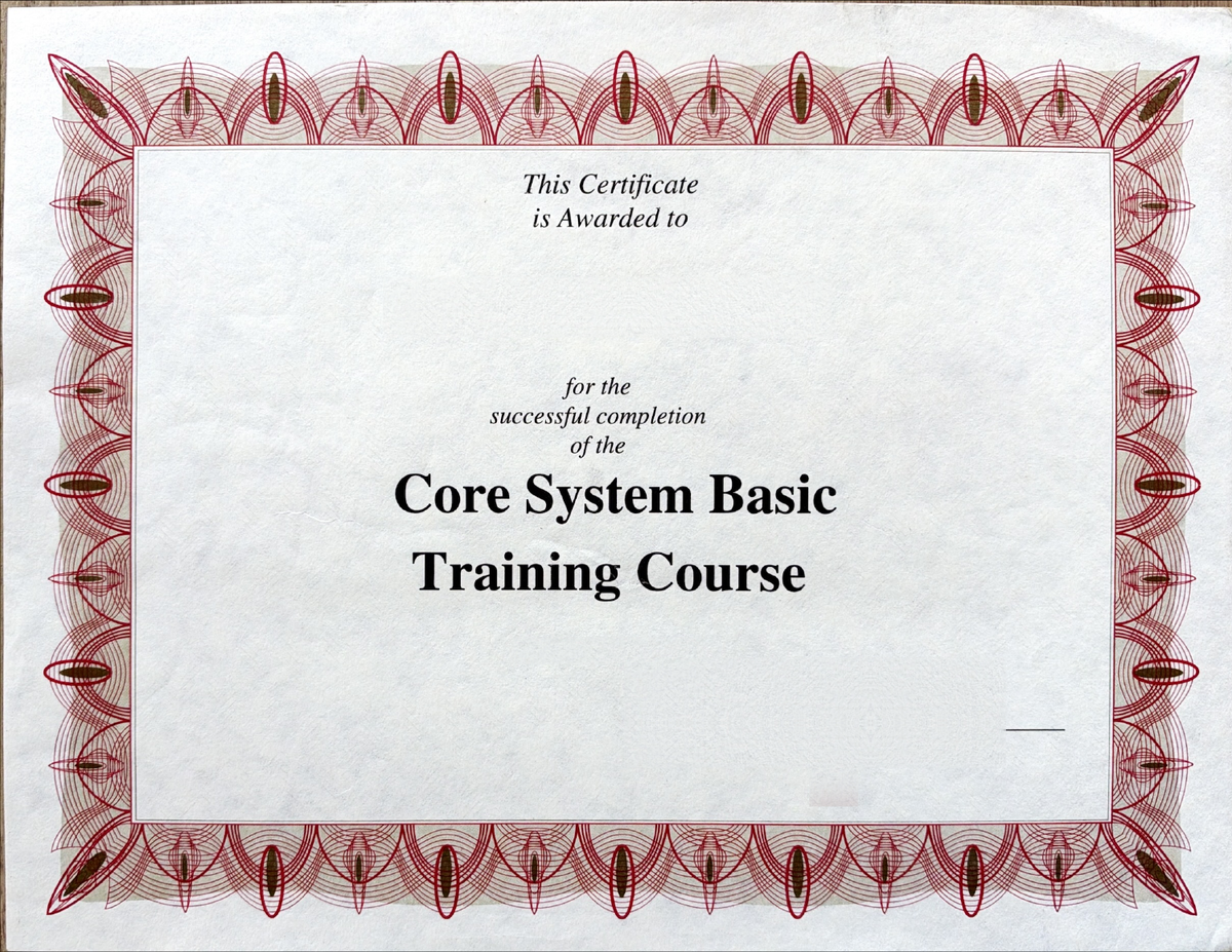 Core System Basic Training Course certificate (personal details withheld)